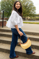 Daisy Half-Moon Rattan Crossbody w/ Vegan Leather Contrast