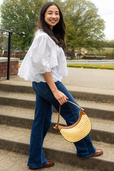 Daisy Half-Moon Rattan Crossbody w/ Vegan Leather Contrast