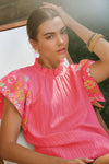 Oddi - Embroidered Flutter Ruffle Sleeve Top