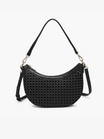 Daisy Half-Moon Rattan Crossbody w/ Vegan Leather Contrast