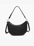 Daisy Half-Moon Rattan Crossbody w/ Vegan Leather Contrast