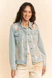 Floral Embroidered Inset Sheer Denim Jacket