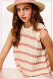 Chunky Striped Crew Mock Neck Sleeveless Sweater Top