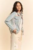 Floral Embroidered Inset Sheer Denim Jacket