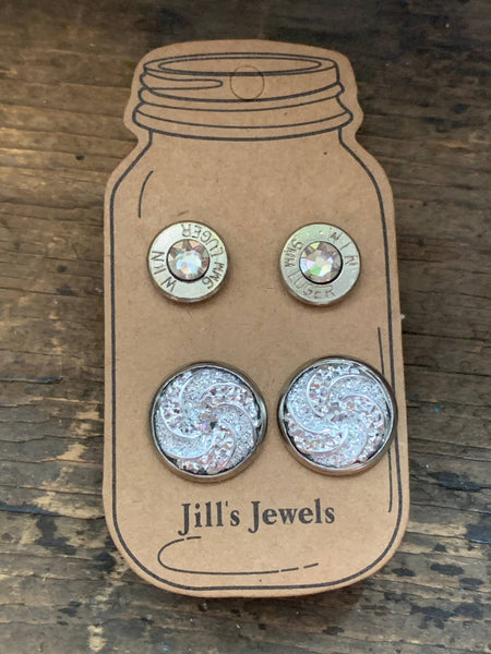 Jill's Jewels - Silver Druzy Swirl 9mml Bullet Earring Set