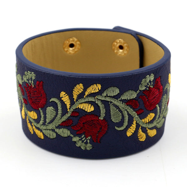 Koko and Lola - Navy Yellow and Red Floral embroidered Leather Cuff Bracelet - Simple Pleasures ~ Bountiful Treasures