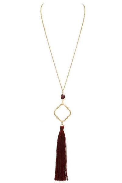 Koko and Lola - Burgundy Tassel Pendant Necklace With Stone Accent - Simple Pleasures ~ Bountiful Treasures
