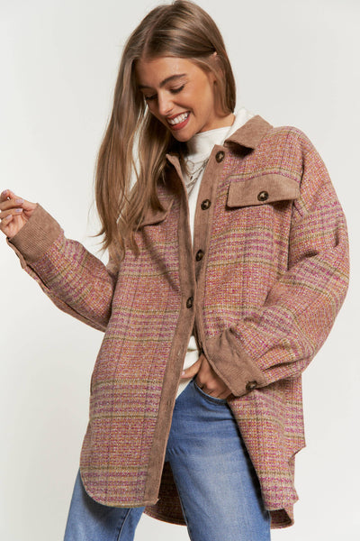 Multi Plaid Corduroy Contrast Button Down Jacket