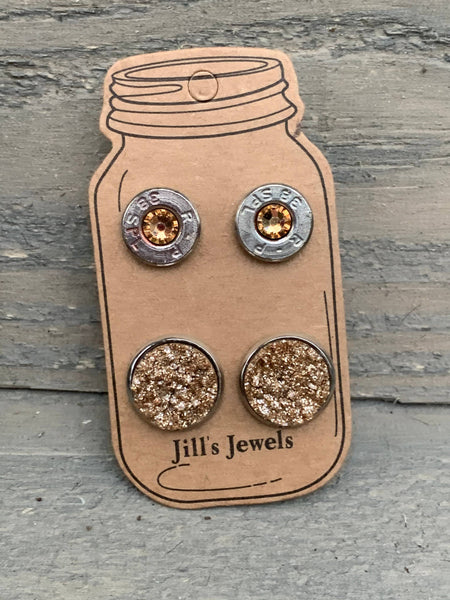 Jill's Jewels - Gold Druzy 38 Special Bullet Earring Set