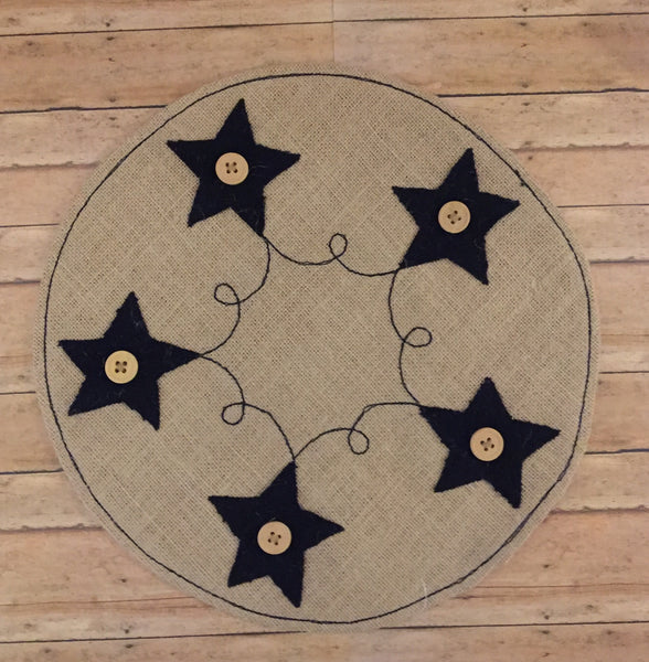 Round Burlap Mat with Black Star and Buttons - Simple Pleasures ~ Bountiful Treasures