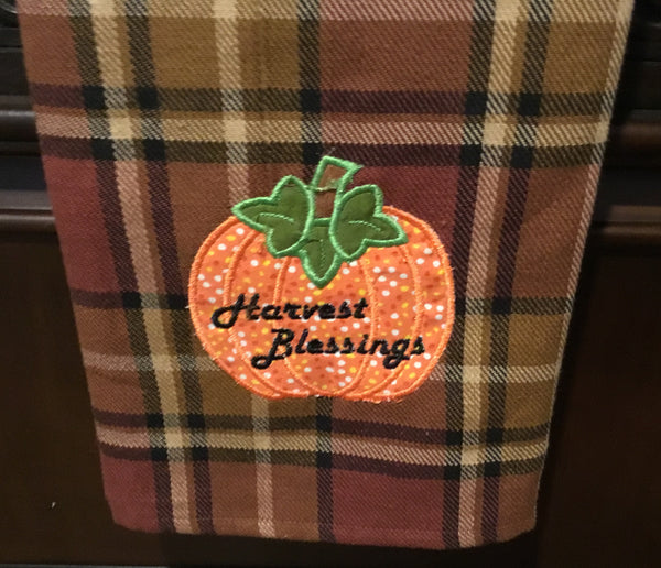 Embroidered pumpkin harvest blessing towel - Simple Pleasures ~ Bountiful Treasures