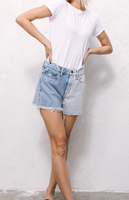 High Rise Two-Tone Denim Shorts with Frayed Hem