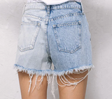 High Rise Two-Tone Denim Shorts with Frayed Hem