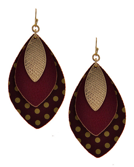 Koko and Lola - Burgundy and Gold Polka Dot Leather Leaf Earrings - Simple Pleasures ~ Bountiful Treasures