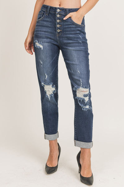 Risen Button Fly Distressed Mom Jean